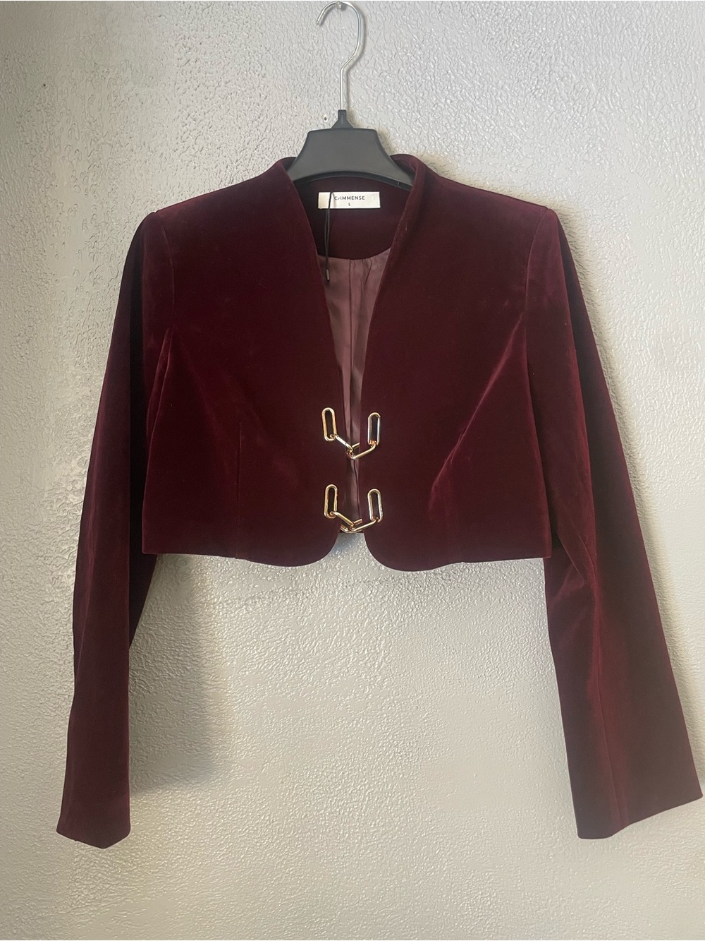 Wine Velvet Cropped Hook-Front Blazer